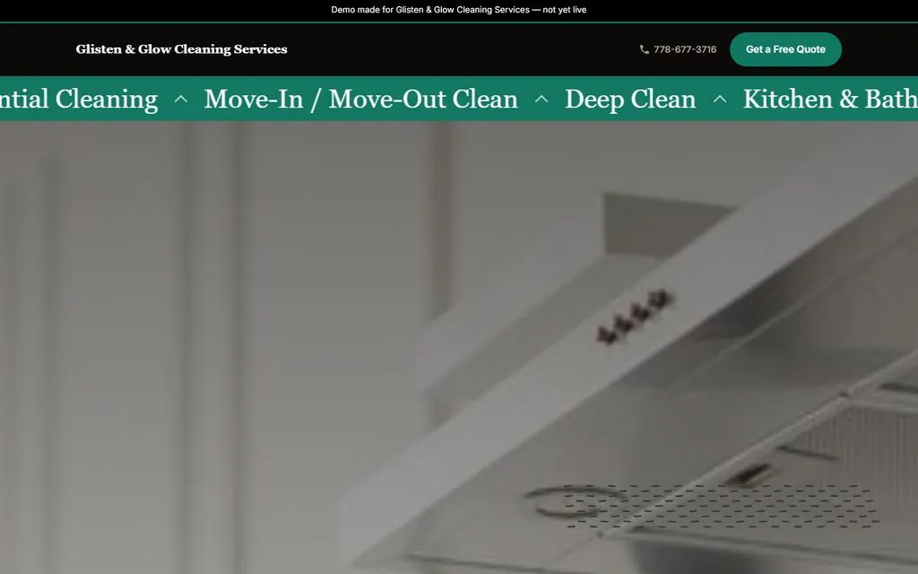 Website demo built for Glisten & Glow, a cleaning business in Nanaimo, BC