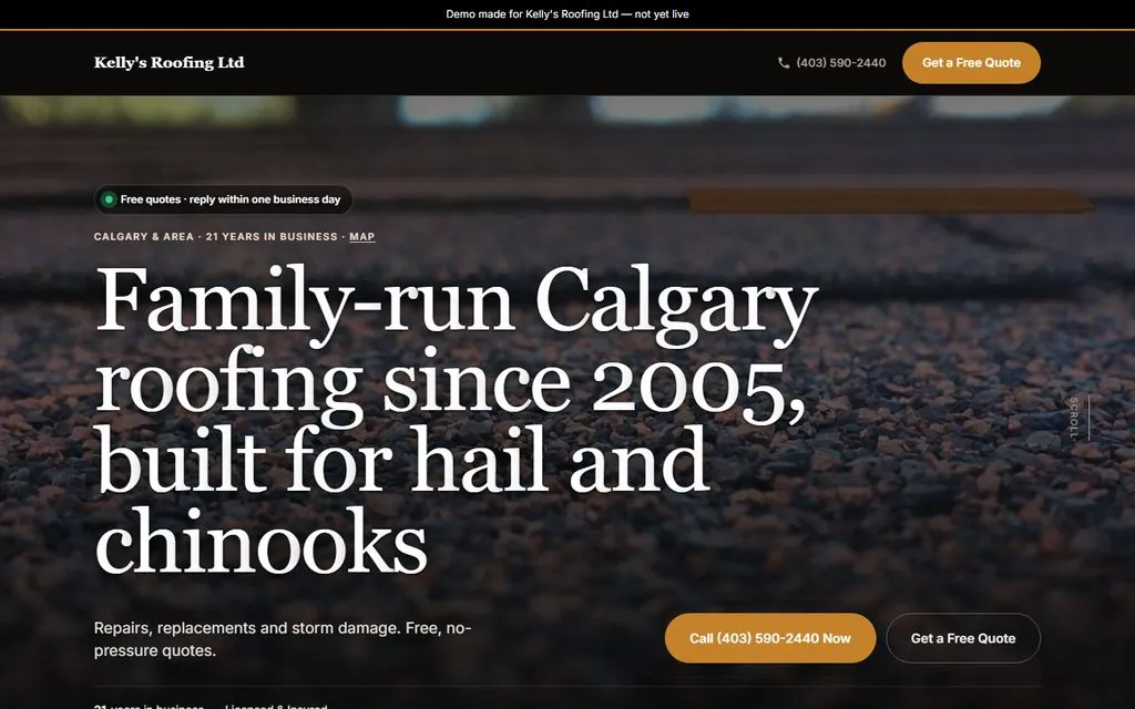 Website demo built for Kelly's Roofing, a roofing company in Calgary, AB